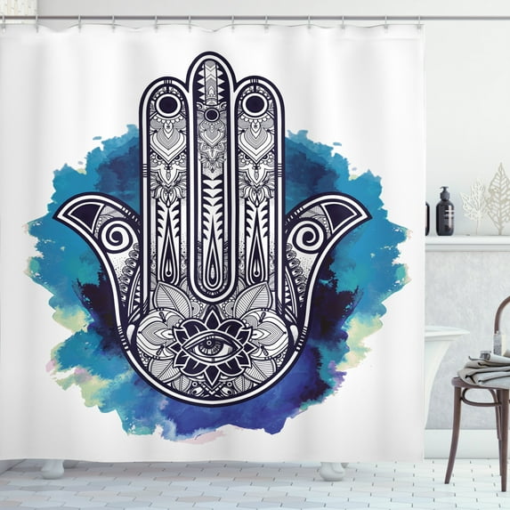 Ambesonne Hamsa Shower Curtain, Rich Ornaments, 69"Wx84"L, Blue Indigo White