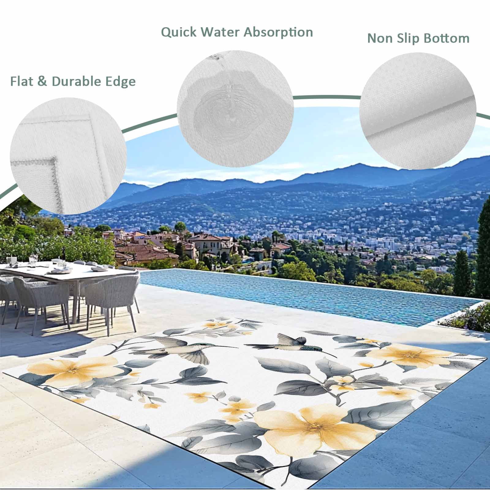 Fsddascl Yellow Grey Spring Floral Outdoor Rug for Patio/Deck/Porch, Non-Slip Large Area Rug 5 x 8 Ft, Birds Summer Botanical Indoor Outdoor Rugs Washable Area Rugs, Reversible Camping Rug Carpet