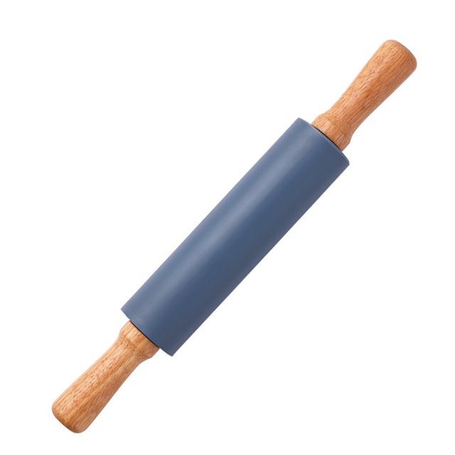 Silicone Rolling Pin Non Stick Surface Wooden Handle ,Blue Rolling Pin