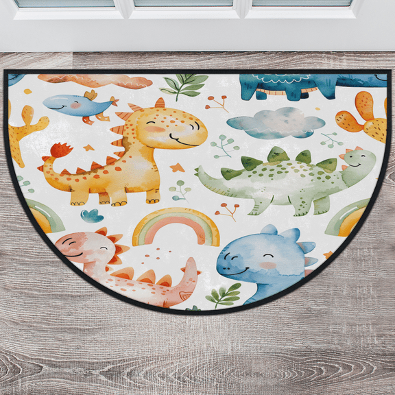 CURLYOOT Cute Dinosaur Rainbow Half Round Door Mat 40'' x 63'', Indoor Outdoor Entrance Rug, Semi Circular Area Rug, Non Slip Washable Absorbent Doormat, Laundry Room Rug