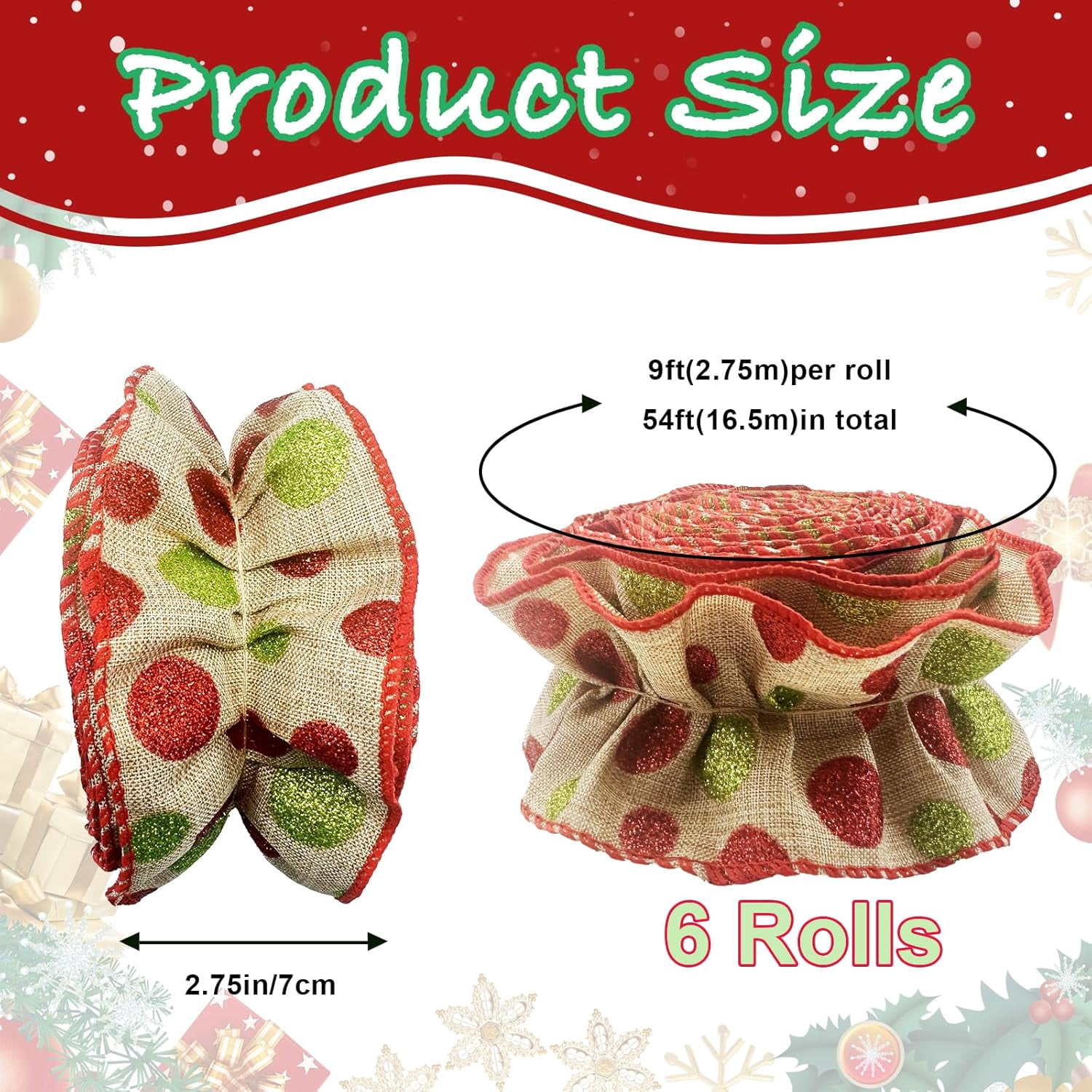 Dalrosia Christmas Tree Ribbon Garland Red and Green Polka Dot Ribbon Garland for Christmas Tree Burlap Ruffled Wired Ribbon Xmas Tree Garland Vintage Rustic Farmhouse Home Deco
