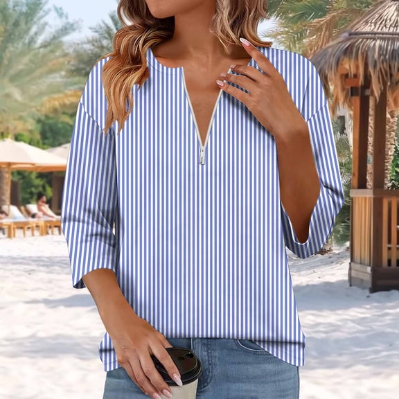 Fengqque 3/4 Length Sleeve Womens Striped Tops Zipper V Neck Collared Blouses Business Casual Tunics Blue-B XL(XL)