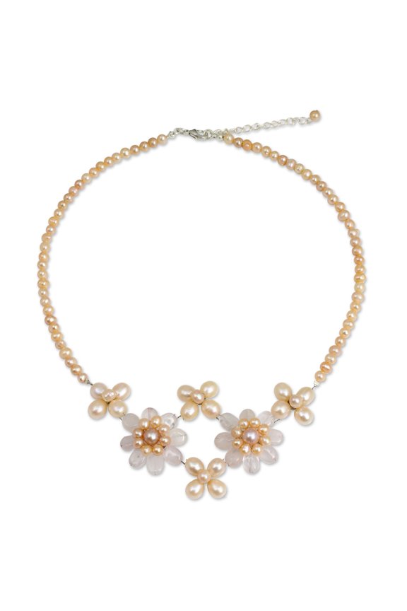 Cultured pearl and rose quartz flower necklace, 'Quintet'