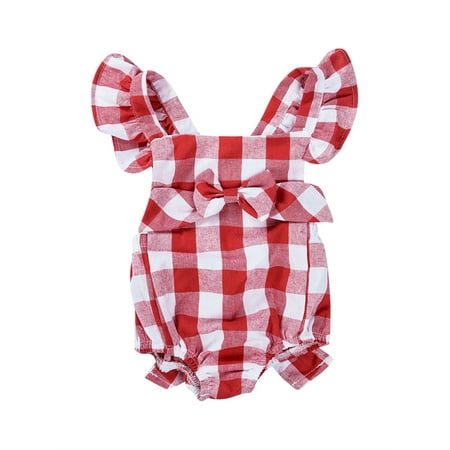 

Gwiyeopda Baby Girls Plaid Ruffle Sleeve Big Bows Romper Back Crossing Straps Hollow Jumpsuit with Hair Band