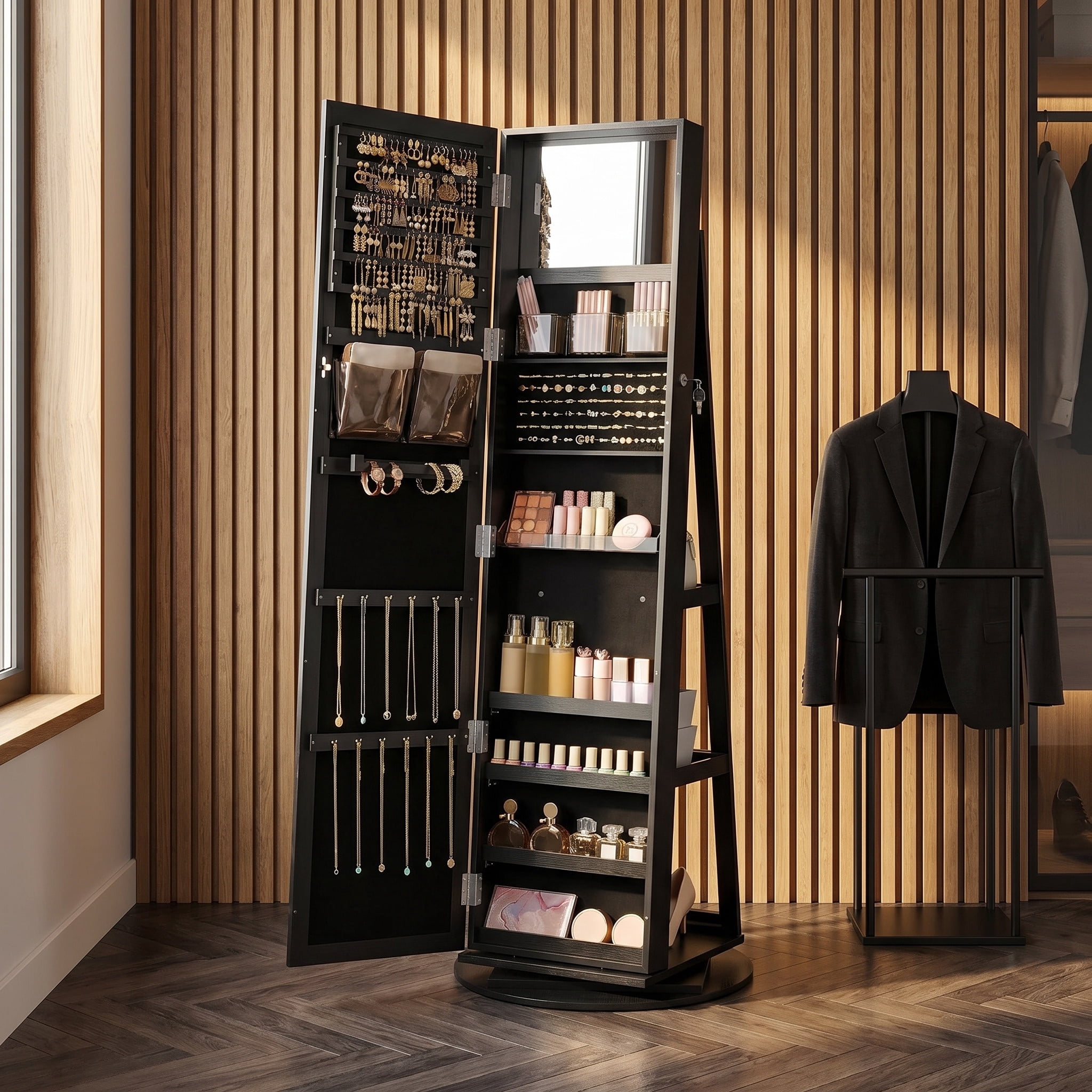 Nordic Hygge 360° Swivel Lockable Jewelry Cabinet with Full-Length Mirror & Rear Storage – Black