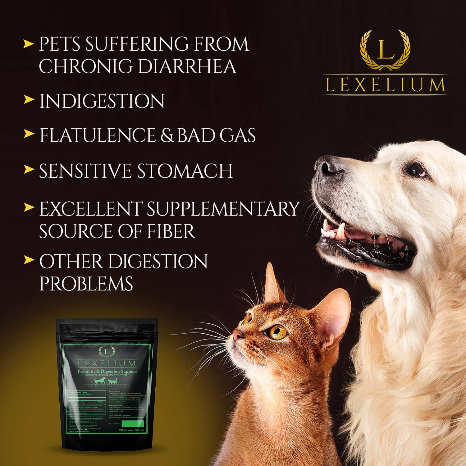 Lexelium Cat & Dog Prebiotic Digestion Supplement - Helps with Sensitive Stomach & Chronic Diarrhea - Contains Valuable Digestive Enzymes, Fiber & Prebiotics - 200g
