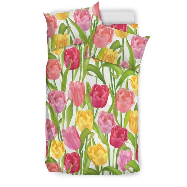 Juego de cama con estampado de tulipanes rosa, rojo y amarillo