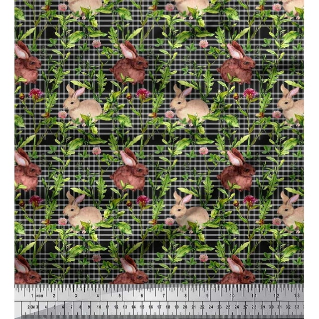 Soimoi Japan Crepe Satin Fabric Leaves & Rabbit Animal Printed Fabric 1 Yard 42 Inch Wide