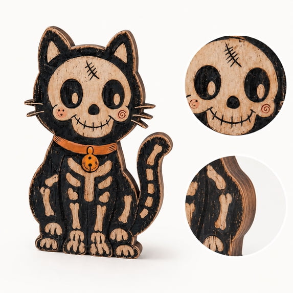 Halloween Skeleton Cat Wooden Decor 5 X 4.5 X 0.5 Inch Vintage Halloween Decor Cute Halloween Decor for Home Desktop Tabletop Display Single Piece