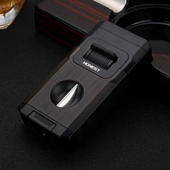 All-in-One Torch Cigar Lighter with Built-in Cigar Cutter V Cut, Cigar Holder, Dual Windproof Jet Flame, Butane Lighter with Gift Box, Lighters for Candle, Smoking, Outdoor Cigar Clearance