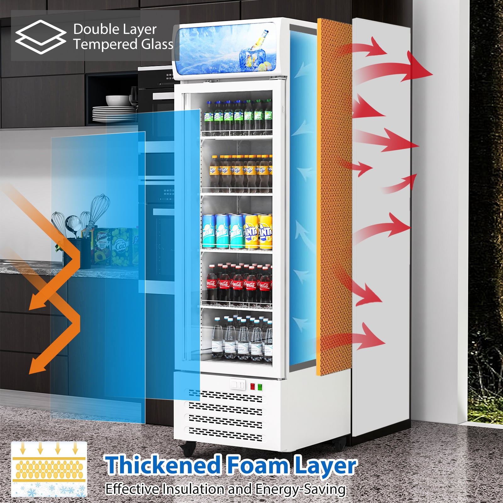 Commercial Beverage Refrigerator, 22 Inch 11.3 Cu. Ft. Drink Fridge, Display Refrigerator with Glass Door, Commercial Display Fridge with 4 Adjustable Shelves, for Shops, Restaurants, Bars