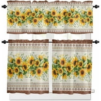 Farmhouse Sunflower Kitchen Curtains, Beige Brown Floral 3-Piece Kitchen Curtain Valance and Tiers Set 24 Inch Length, Vintage Botanical Rod Pocket Half Window Curtains for Cafe Living Room Bathroom