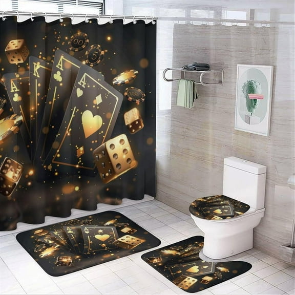 4Pcs Funny Playing Card Shower Curtain, Fantasy Money Poker Dice Shower Curtain Sets with Toilet Lid Cover, U-Shaped Mat and Non-Slip Rugs, Bathroom Decor Set, 72" x 72"