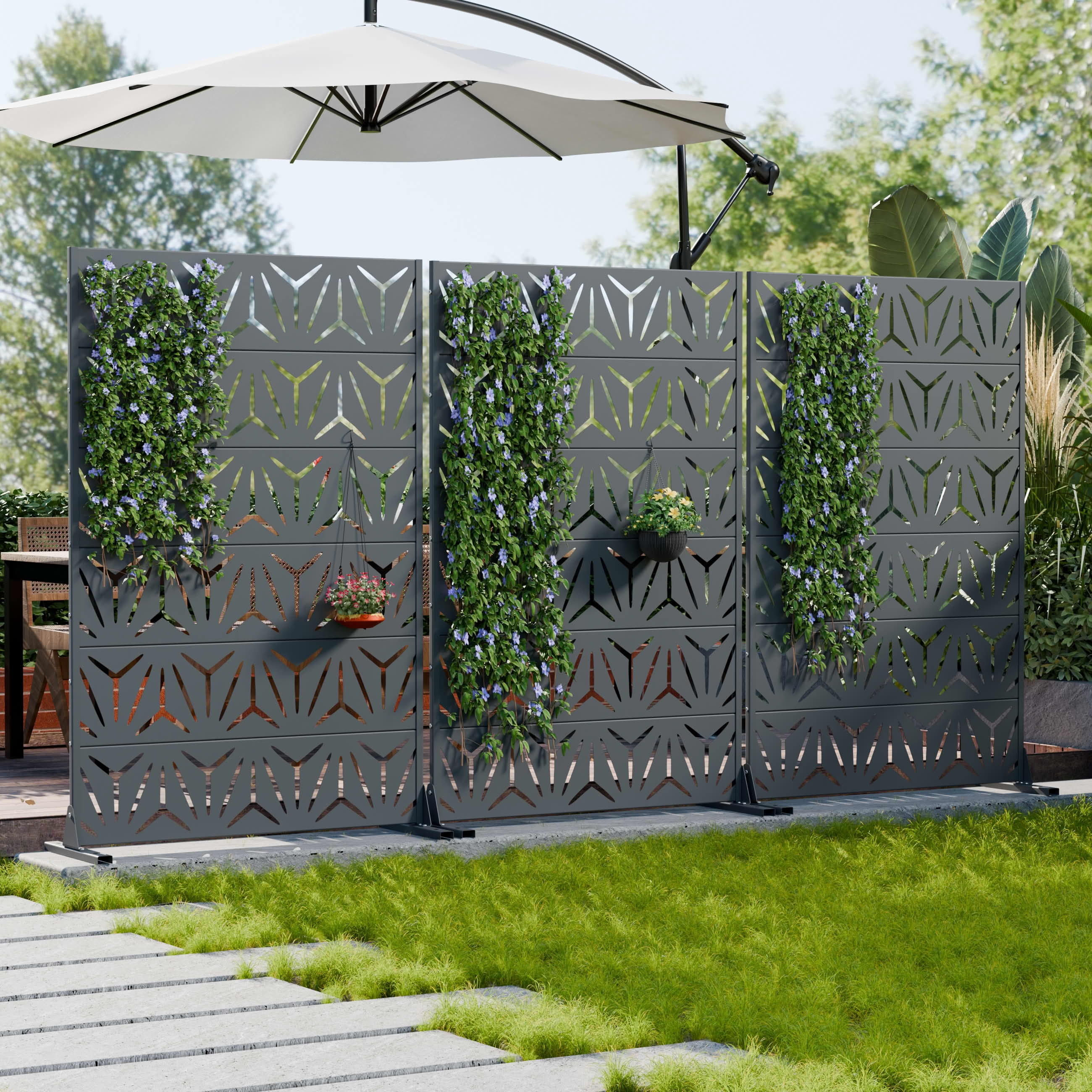 MAYEERTY Outdoor Metal Privacy Screen 6ft × 4ft Cambrian Rock Gray, 6-Panel Geometric Y-Pattern Decorative Screen for Patio