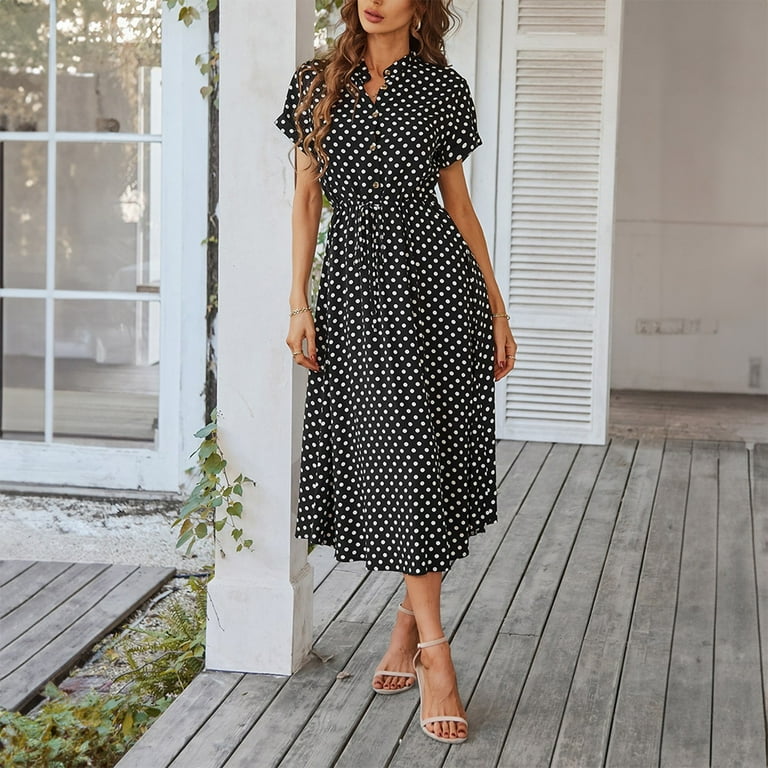Uocefik Womens Dresses for Wedding Guest Polka Dot Button Down Tie Waist Midi Dress Y2k Elegant Short Sleeve Vacation Dresses Black XXL Uocefik Womens Dresses for Wedding Guest Polka Dot Button Down Tie Waist Midi Dress Y2k Elegant Short Sleeve Vacation Dresses Black XXL