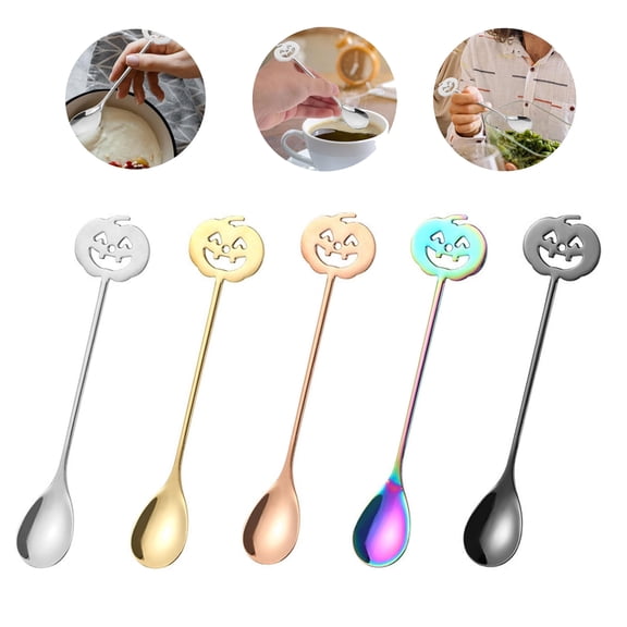5 Pack Halloween Spoons Pumpkin Shaped Stainless Steel, Creative Pumpkin Design, Sugar Spoon, Coffee Tea Stirring, For Home Restaurant Halloween Party, Multicolors