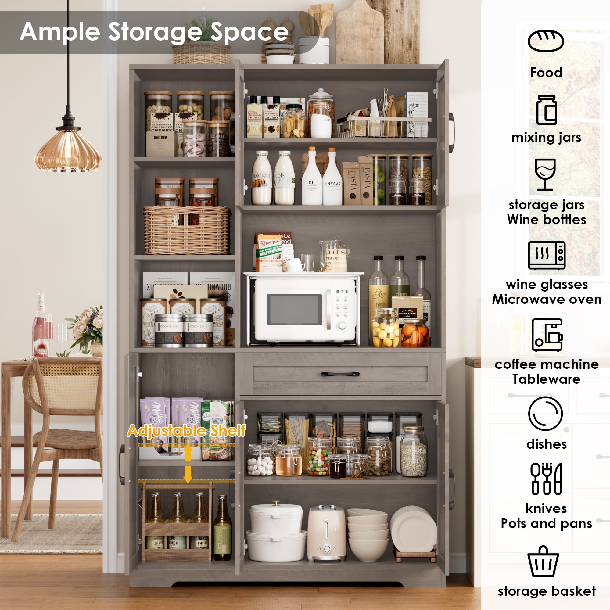 Hiphuta 71"Farmhouse Kitchen Pantry Storage Cabinet, Freestanding Hutch Cabinet with Microwave Stand, Sturdy Pantry Cabinet for Dining Room, Ash Gray