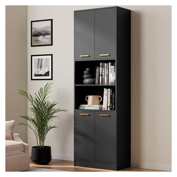 75 Inch Tall Wood Kitchen Pantry Cabinet with Doors and Adjustable Shelves, 4 Door Utility Hutch Cupboard, Black Dining Room Storage Furniture