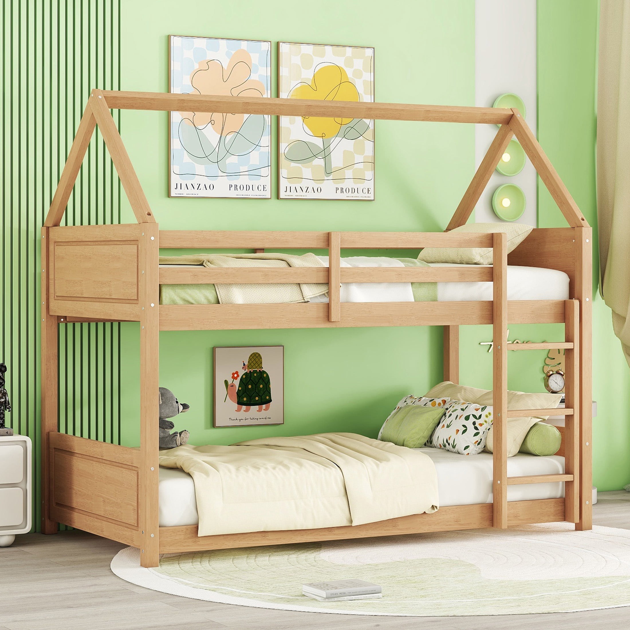 Aukfa Heavy Duty Junior House Bunk Bed with Full-Length Guardrail, Twin Over Twin Bunk Bed Frame, Oak
