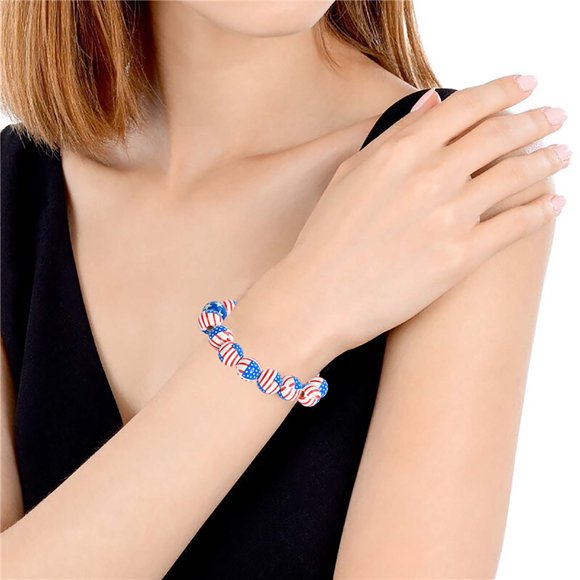 HHBEAUTY Bracelets de Perles Fête de l'Indépendance Bracelets Patriotiques 4 Juillet Bracelets de Perles Épais Bracelet Extensible en Bois Drapeau Américain Boule de Perles Rouge Blanc et Bleu Bijoux