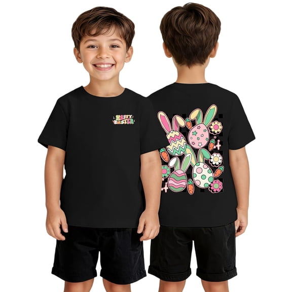 Gzbliryd Cute Easter Shirts Happy Bunny Eggs Plaid Printed T-Shirt Cute Cartoon Graphic Tees for Little Boy Girls Summer Clothes (Black,6-7Y)