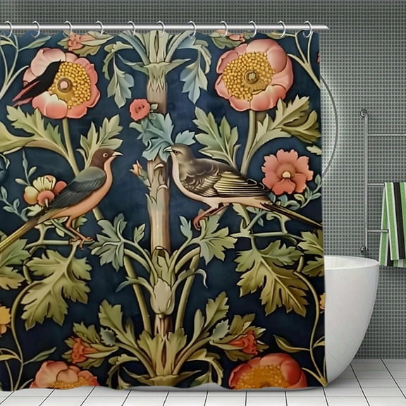 Birds Flowers Relief Print Shower Curtain,Modern Fabric Waterproof Shower Curtain Set with Hooks,70.8×70.8Inch