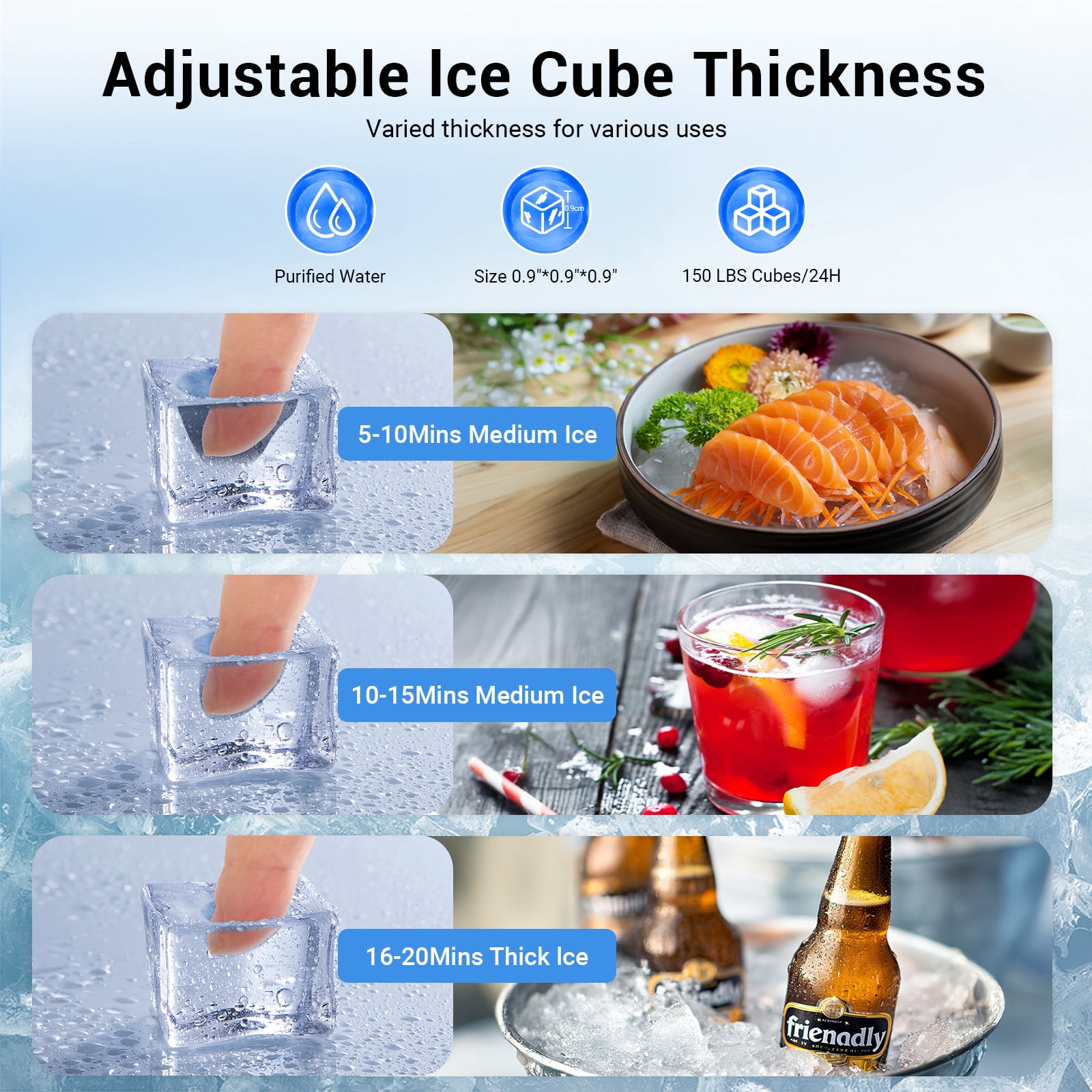 Xutumm ‌Commercial Ice Machine 150LBS/24H,Storage 50LBS, Industrial Ice Maker,Ice Ready in 8-15min,with Self-Cleaning Mode,with Timing Function
