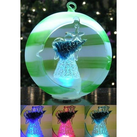 LED Angel Christmas Ornament Glass Globe - Angel and Tree, Hand Painted Green Striped Color-Changing, 5