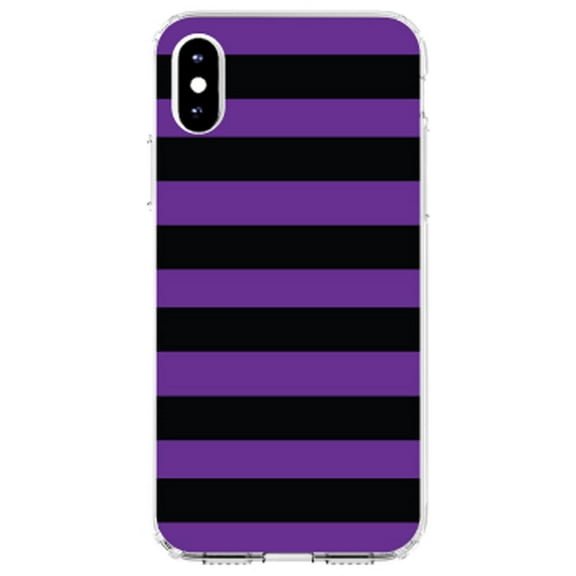 DistinctInk Clear Shockproof Hybrid Case for iPhone XS Max (6.5" Screen) - TPU Bumper, Acrylic Back, Tempered Glass Screen Protector - Black & Purple Bold Horizontal Stripes