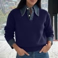 thumbnail image 4 of FAVIPT Oversized Knit Sweater for Women Fall Lapel Button Up Shirts Denim Patchwork 2 in 1 Cozy Long Sleeve Tops Navy,Free Size, 4 of 8