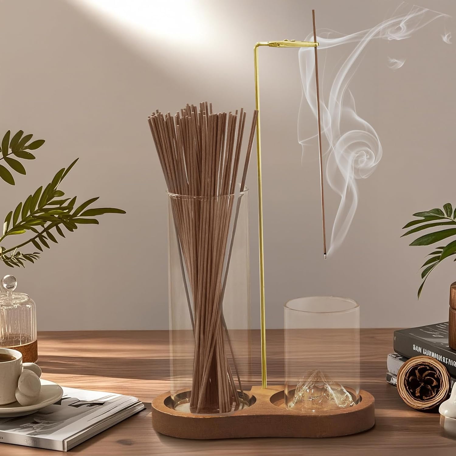 2-in-1 Glass Incense Holder for Sticks, Wooden Incense Burner with Ash Catcher & Incense Storage, Anti-Ash Flying Incense Stick Holder for Meditation, Yoga, Spa, and Home Decor(Natural Wood)