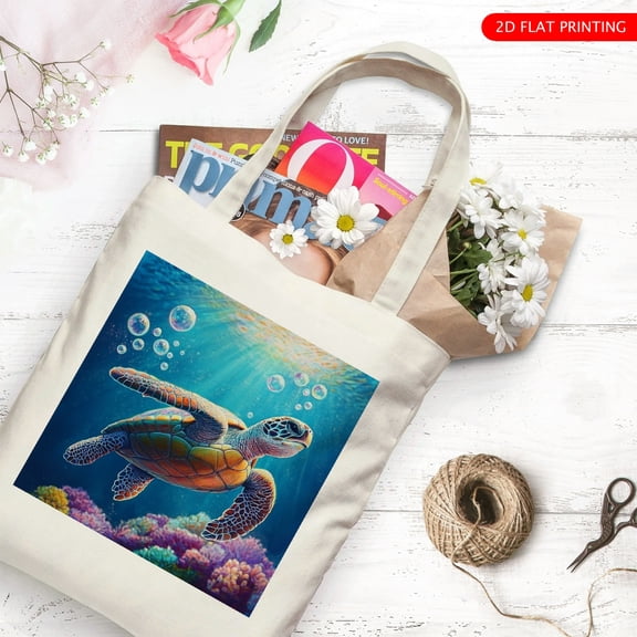 RKSupls Ocean Turtle Canvas Tote Bag, Summer Reusable Shoulder Tote Bag for Women and Men, Large Durable Canvas Shoulder Bag Perfect for Grocery Work Beach Shopping