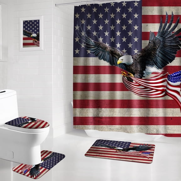 America Flag Shower Curtain Set 4 Piece, Independence Day Patriotic Theme Shower Curtain Sets with Rugs, 4th of July Toilet Lid Cover and Memory Foam Non Slip U Shape Mat