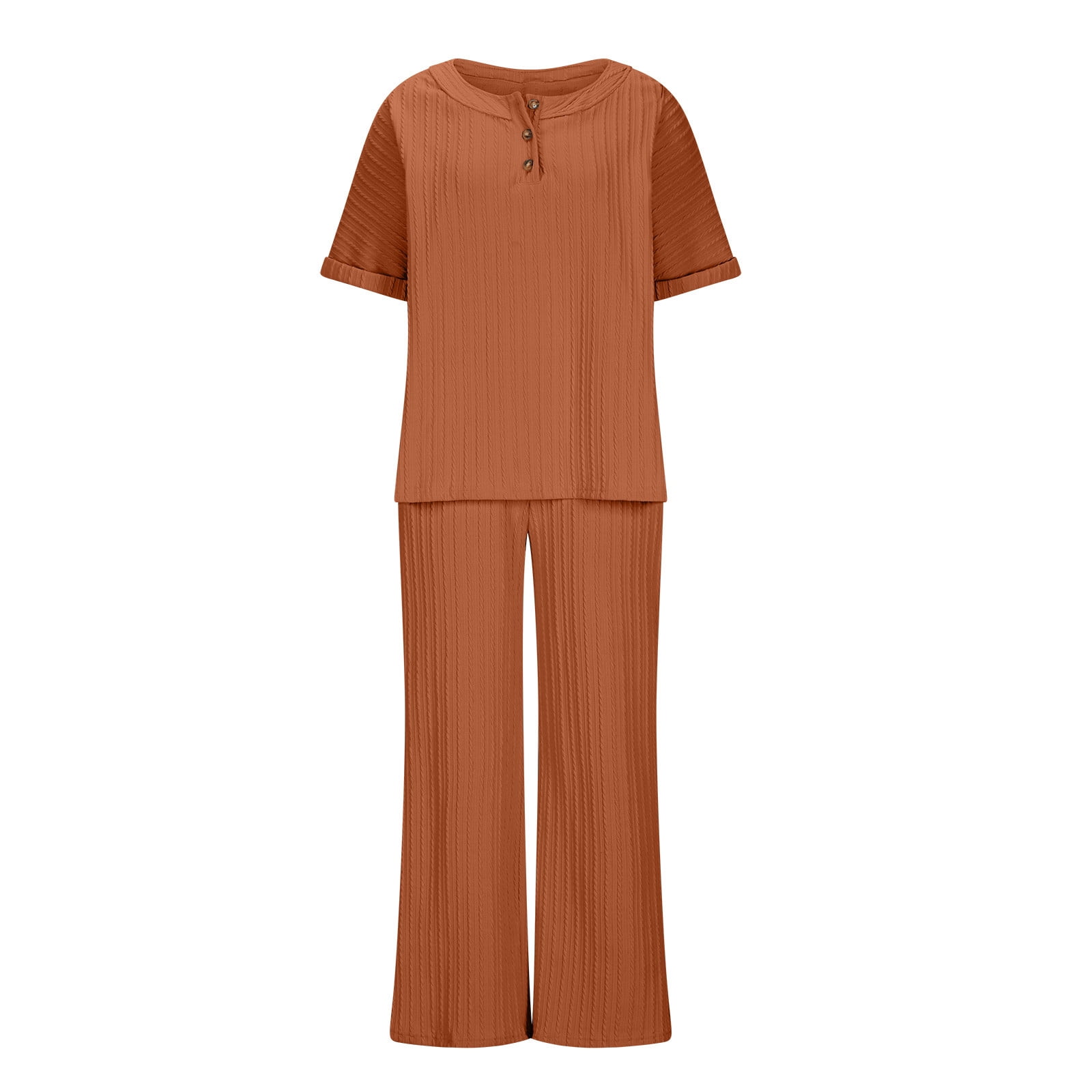 Pajama Sets for Women 2 Piece Short Sleeve 2 Piece Shorts Set for Women Solid Color Round Neck Short Sleeve Tops Pants Sets With Pockets