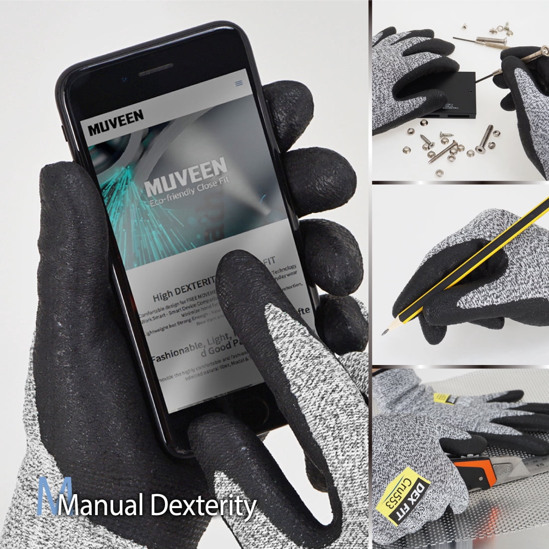 DEX FIT CRU553 Grey Level 5 Cut Resistant Gloves (Power Grip, Durable Foam, X-Large) - 3 Pair