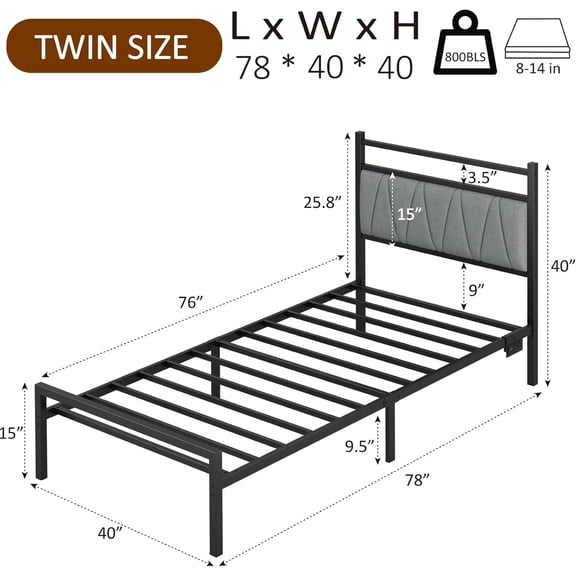Twin Bed Frame with LED Lights & Charging Station, Metal Platform Bed Frame with Fabric Upholstered Headboard, No Box Spring Needed, Noise Free, Easy Assembly, Black