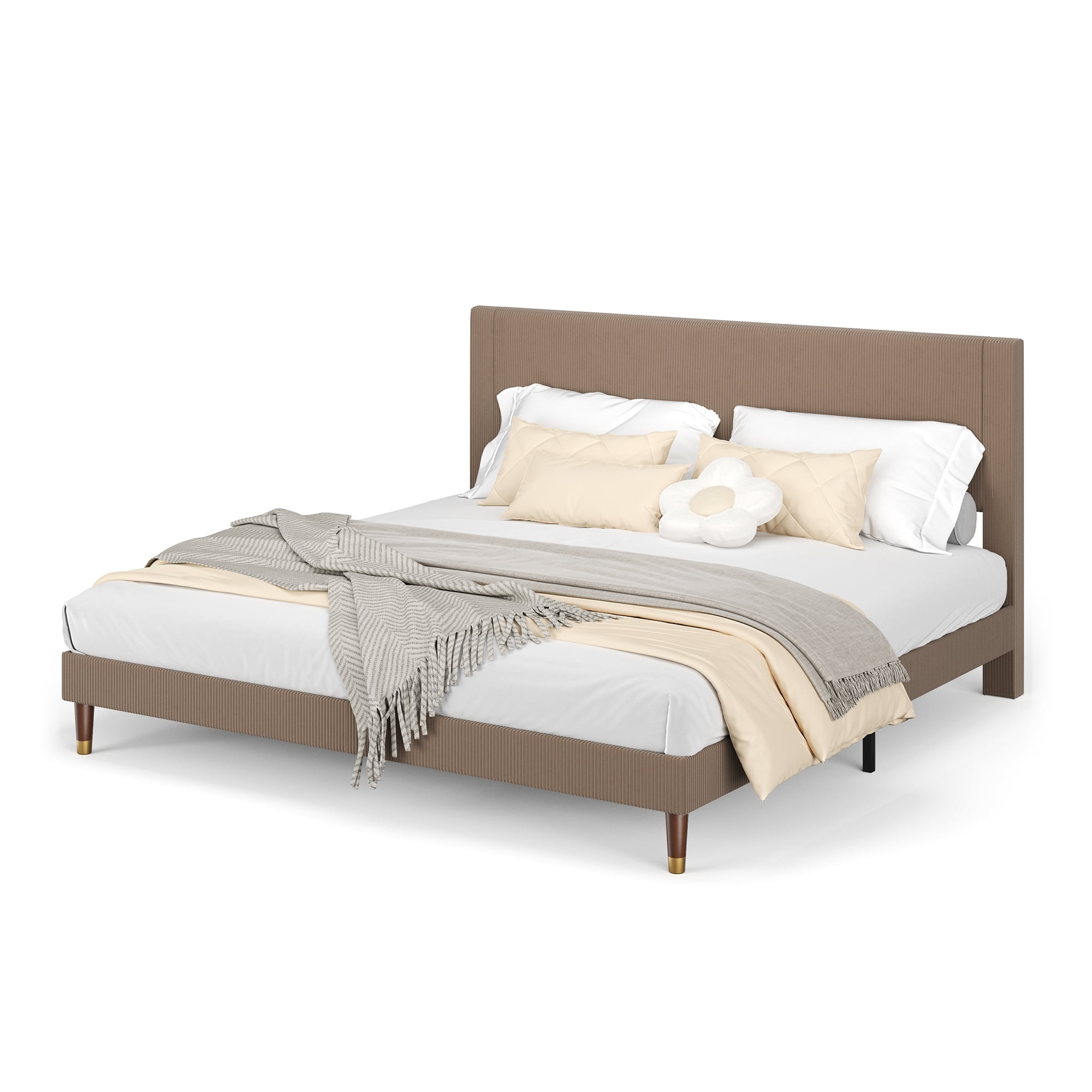 Corduroy Upholstered Platform Bed Frame with Headboard - Noise-Free, Wood Slat Support, Low Profile, King Size, Easy Assembly