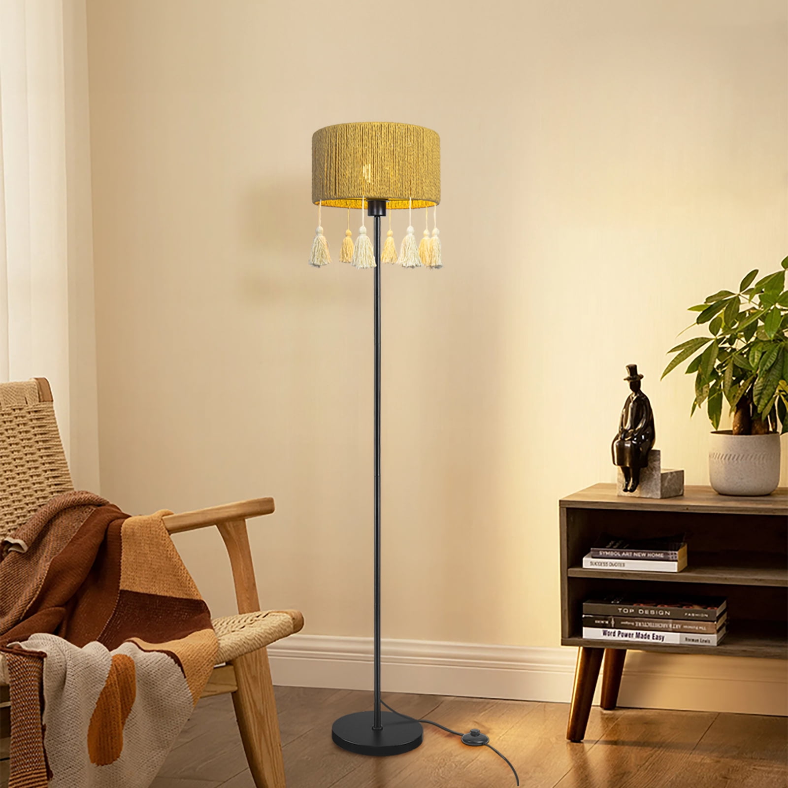 Paper Woven Fringe Floor Lamp with Foot Switch, Standing Lamp for Living Room Bedroom Sofa Reading