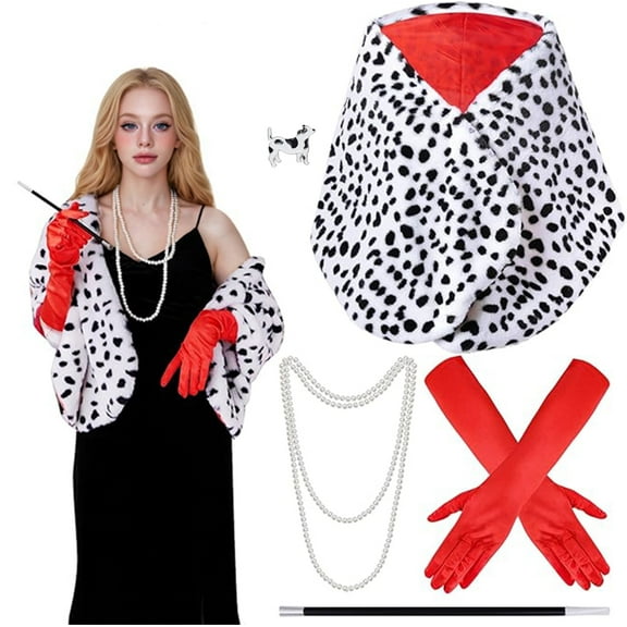 Halloween costume woman Dalmatia shawl. Red gloves. The necklace accessory is an adult cosplay party costume