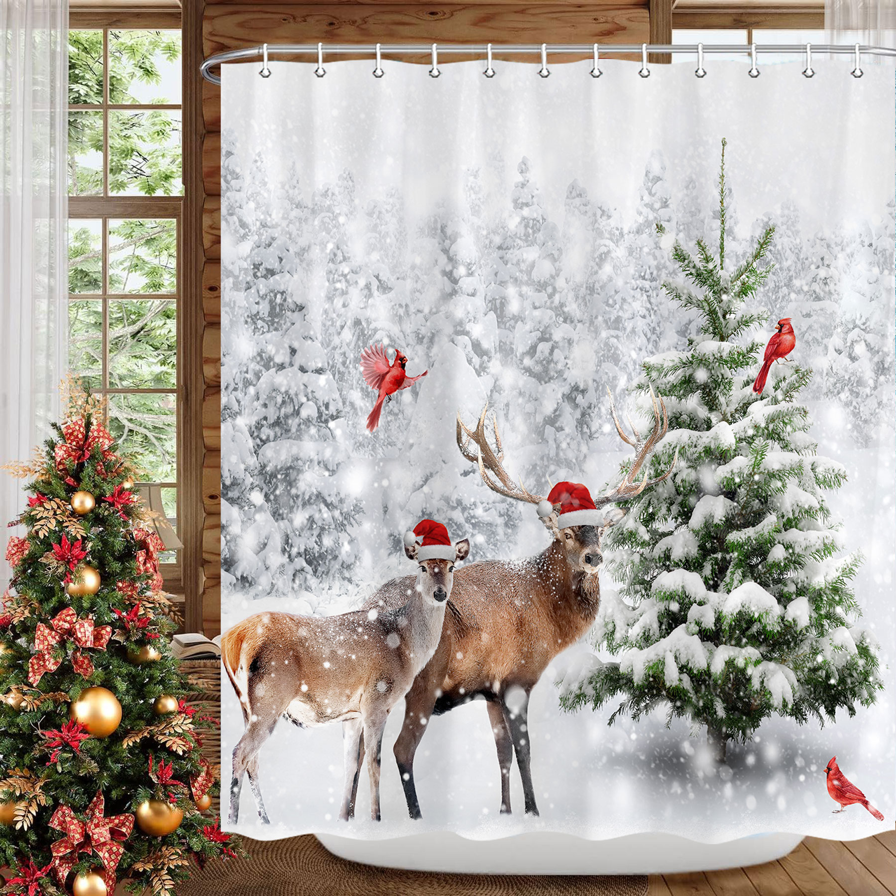 Winter Christmas Shower Curtain Set, Natural Winter Forest Snowflake Christmas Shower Curtain for Bathroom, Funny Cute Deer Christmas Bathroom Decor Waterproof Fabric Bathtub Sets with Hooks,70X70IN