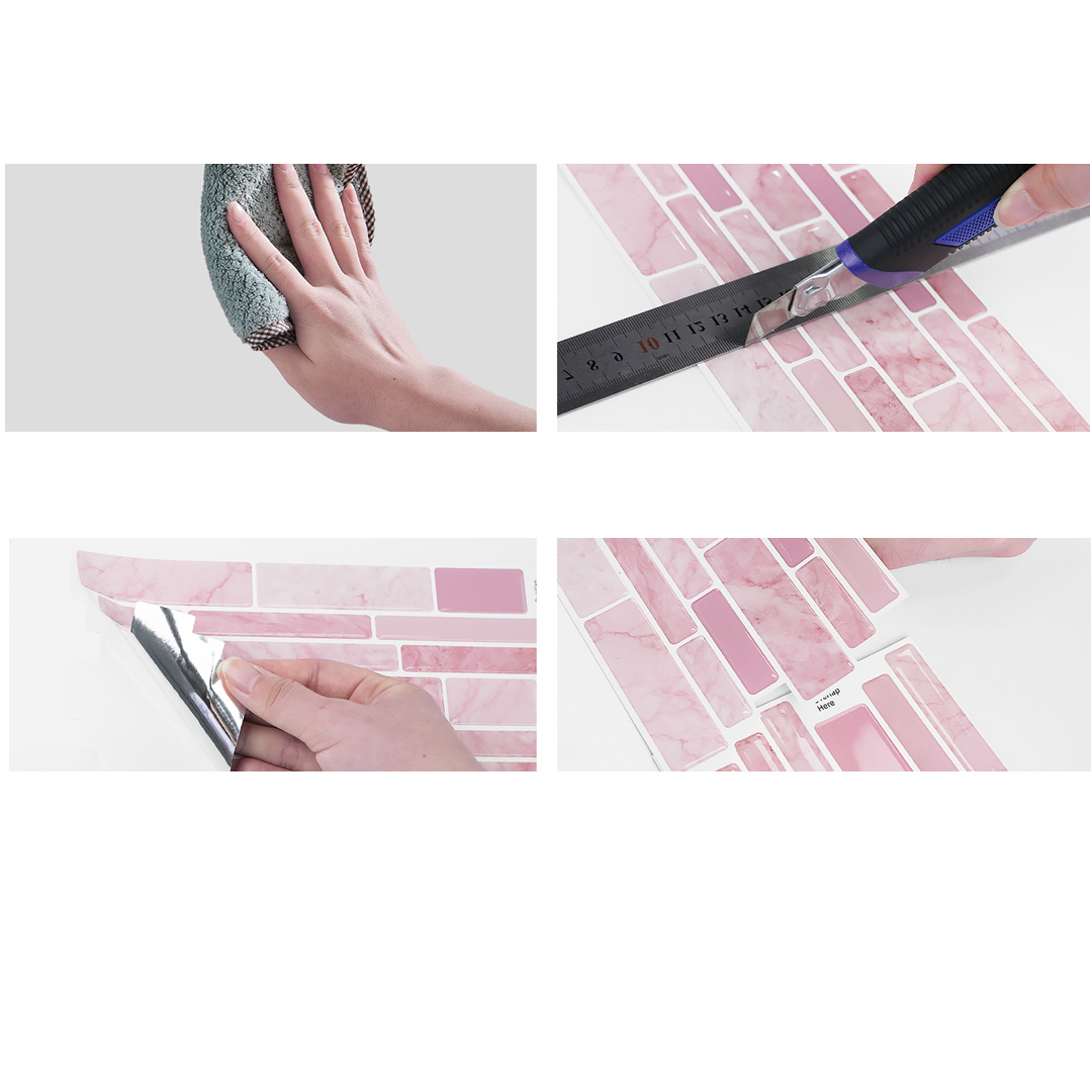 12Piece Pink Marbling 3D Tiles Stickers 4.72 x 9.68inch DIY Decor Wall Decals Self Adhesive Waterproof Peel and Stick Kitchen Backsplash
