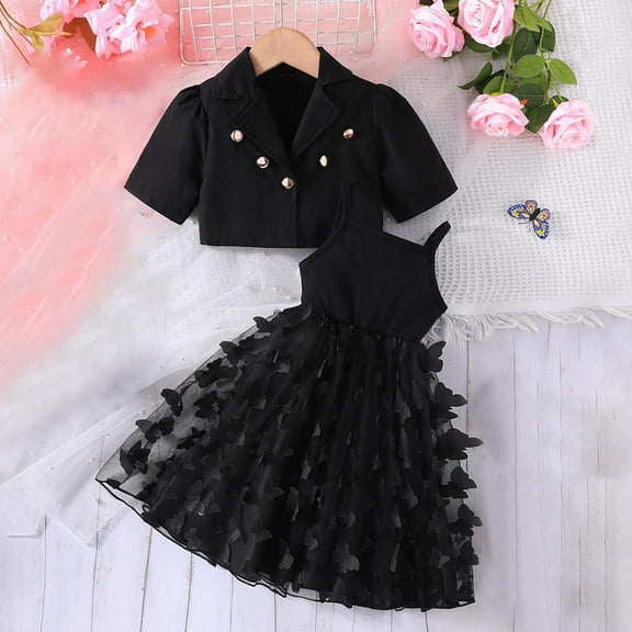 Girls 2 Piece Suit Set Jacket Dress Kids Outfits Cotton Mesh Suspender Long Skirt 3-9 Years Black 5-6 Years