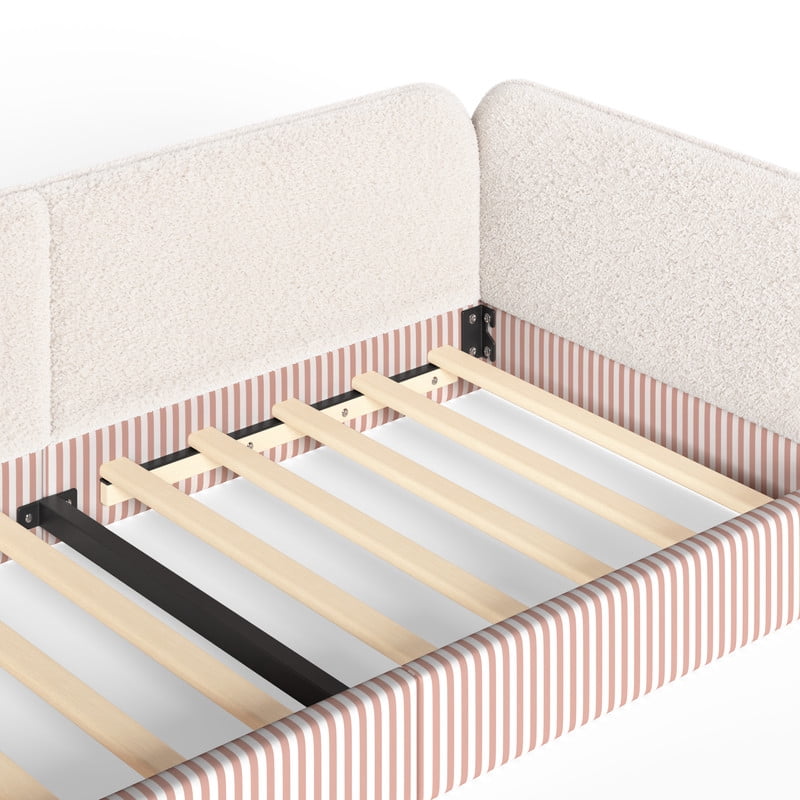 Twin Size Upholstered Floor Daybed Frame for Kids, Half-Enclosed Montessori Platform Bed with 3-Sided Surrounding Guardrails