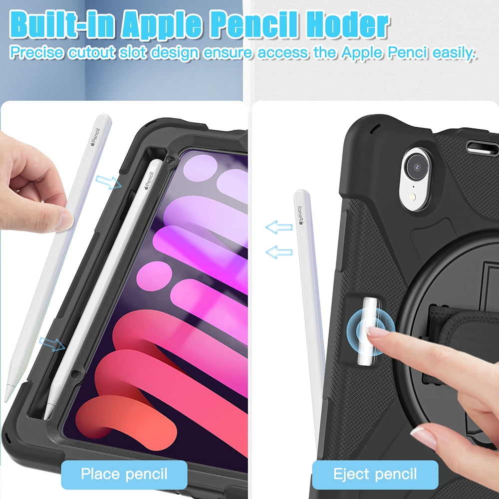 For Apple iPad Mini 6 (2021) Heavy Duty Rugged Hybrid with Kickstand, Shoulder Hand Strap, Pencil Holder Shockproof Full Protective Cover ,Xpm Phone Case [Black]