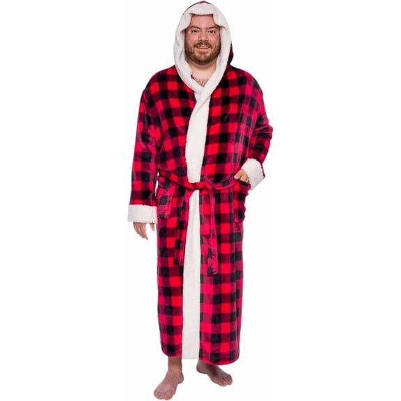 Ross Michaels Mens Robe Big & Tall with Hood - Long Buffalo Plaid Plush Sherpa Lined Bathrobe with Shawl Collar (Red, Large/X Large)