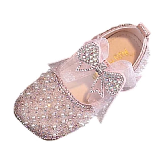 IVEYRTF Girls Rhinestone Mary Janes Shoes with Sparkling Bow Dressy Dress Flats Kids Casual Party Shoes(Pink,1.5-2 Years)