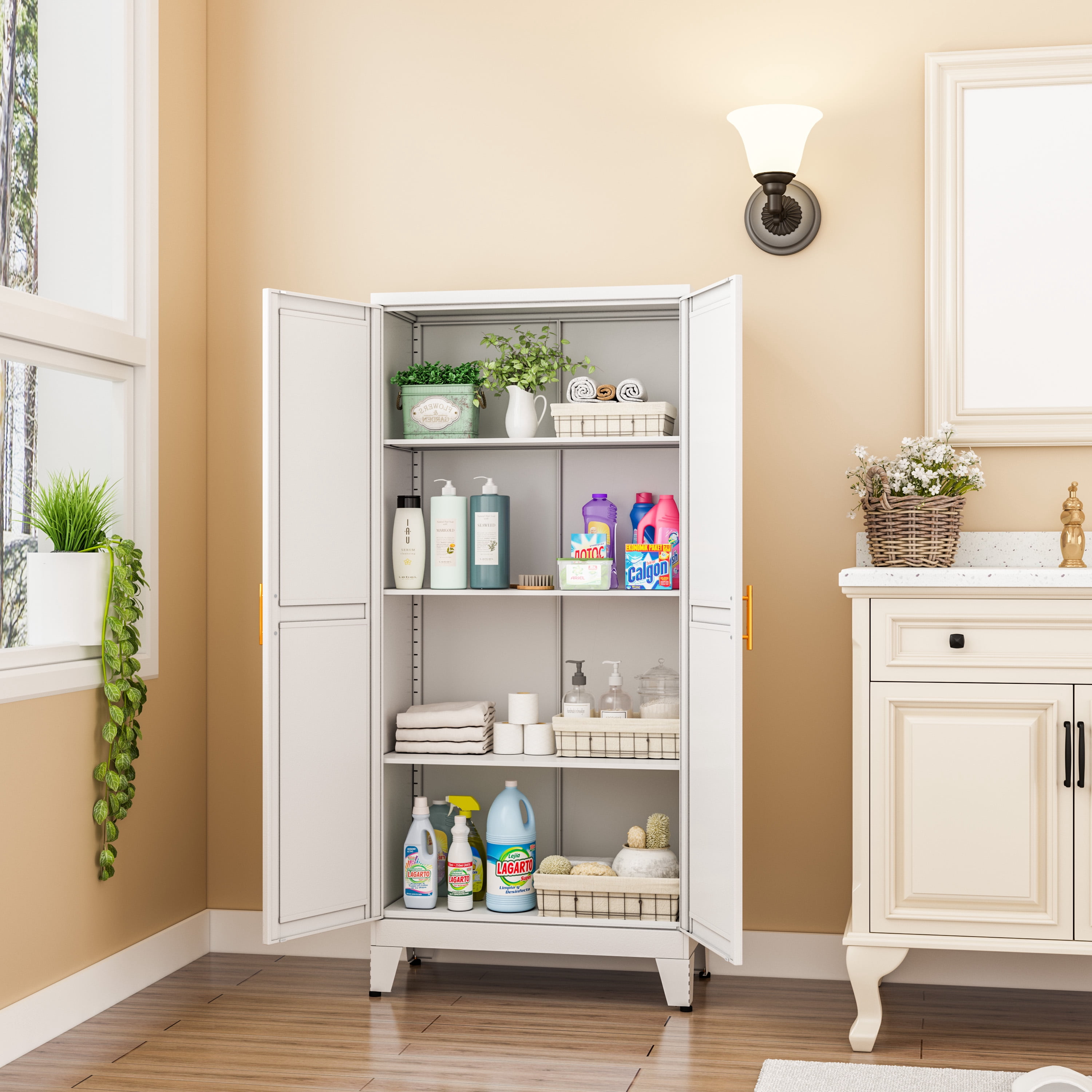 GEITIN Freestanding Metal Pantry Storage Cabinet Cupboard for Kitchen Dining Room Living Room
