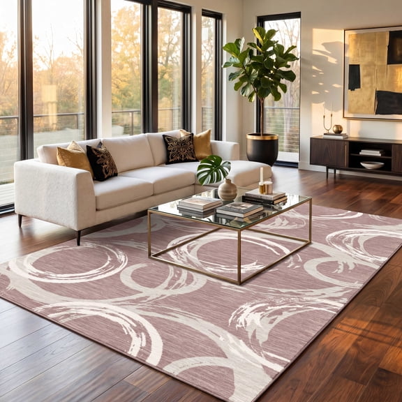 GlowSol Abstract Circle Washable Area Rug 6x9, Soft Low-Pile Indoor Carpet with Non-Slip Backing for Nusery Bedroom Dinning Room, Pink