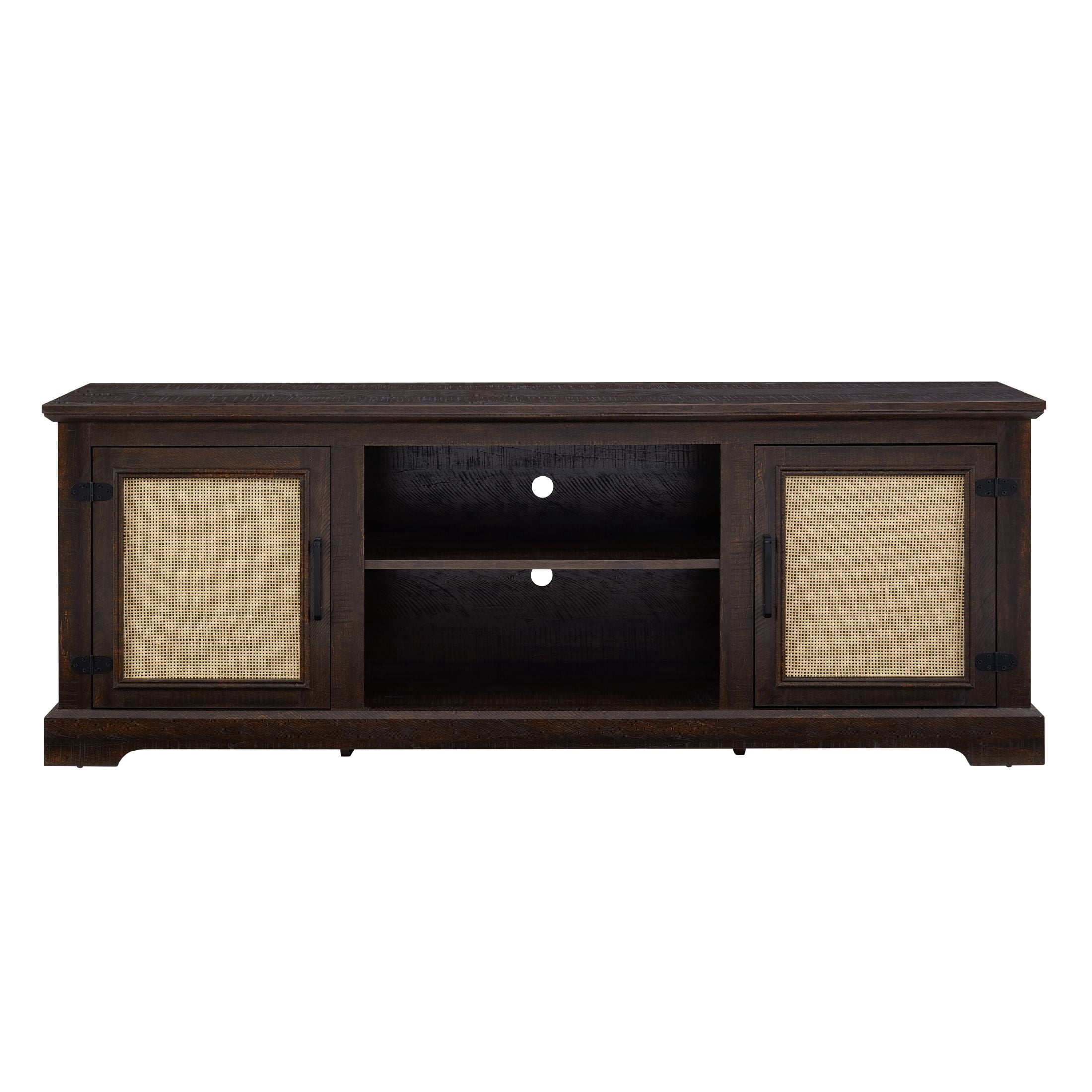DEALTOPS Farmhouse TV Stand with Rattan Doors and Adjustable Shelves for TVs Up to 70'', Espresso