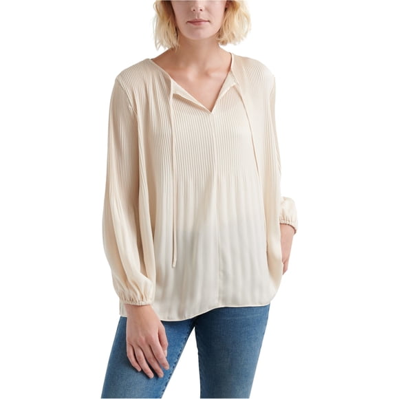 Lucky Brand Womens Pleated Peasant Blouse, Beige, X-Small